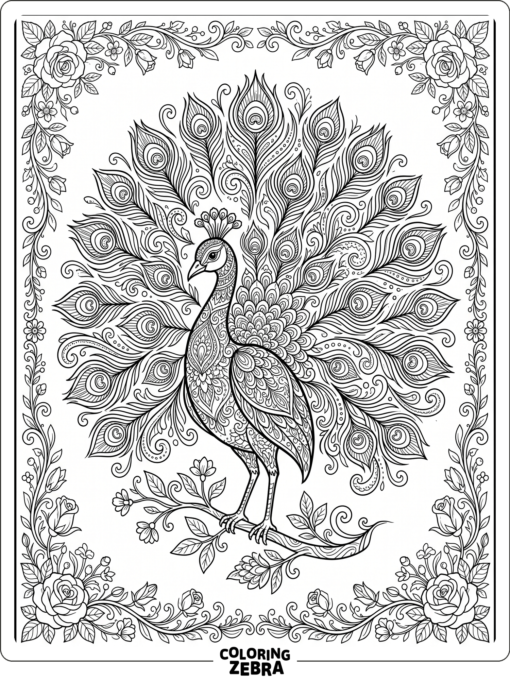 An ornate peacock with flowing feathers and flowers