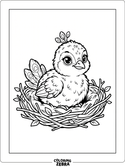 A cute peacock chick sitting in a nest