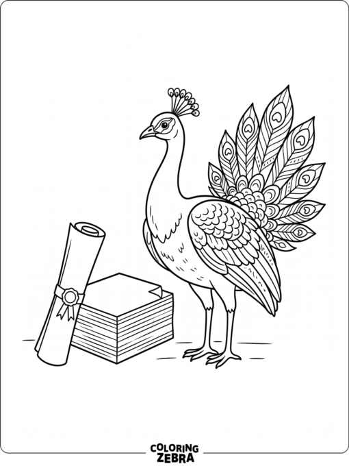 A peacock beside a scroll and paper stack