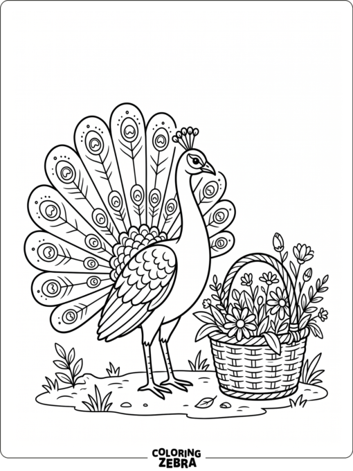 A peacock near a basket of flowers with partly open feathers