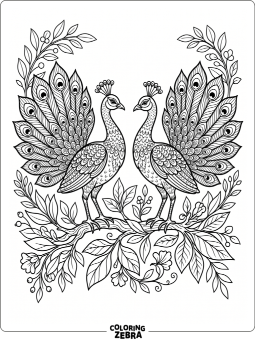 Two peacocks facing each other among leaves