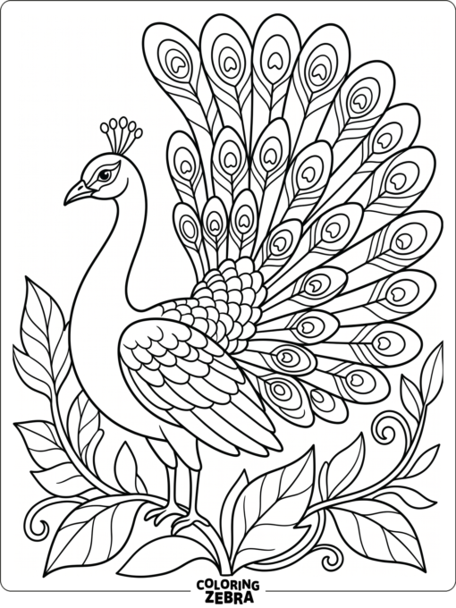 A peacock with its tail spread beside simple leaves