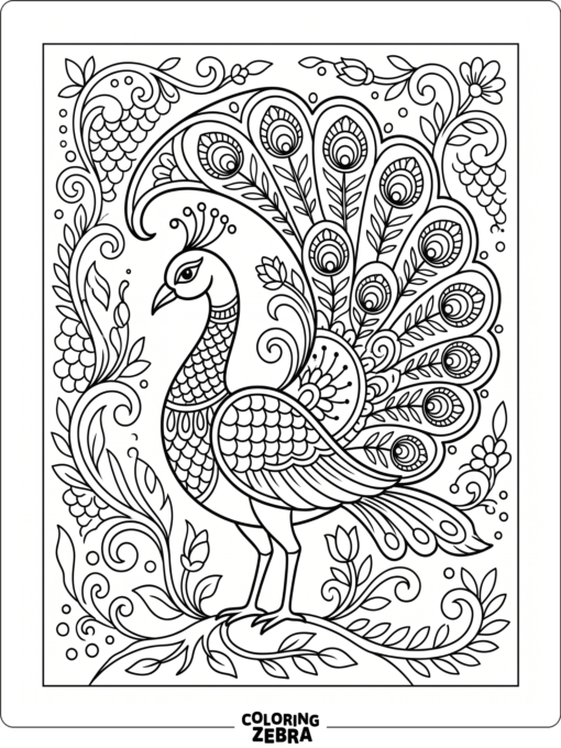 A peacock with Madhubani style patterns and flowing motifs
