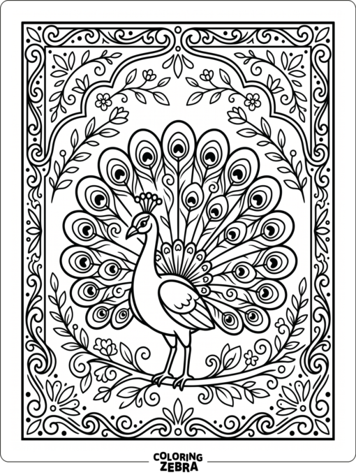 A peacock surrounded by leaves and border shapes