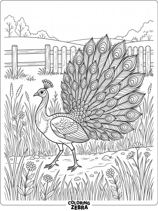 A peacock walking through grass with its tail open