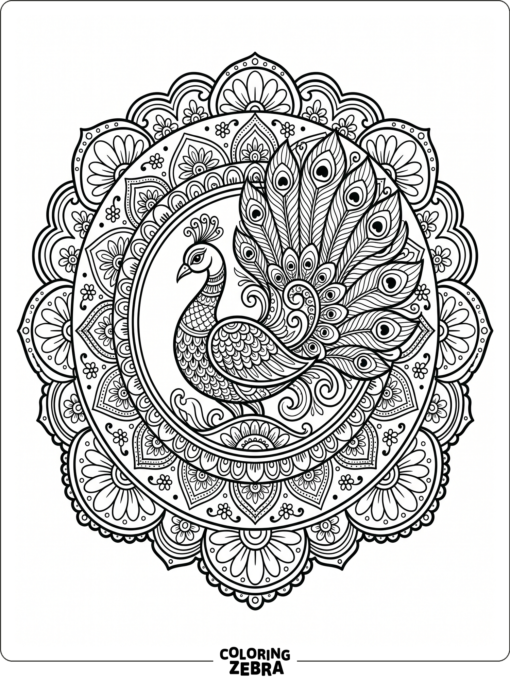 A peacock inside a rangoli circle with petals and dots