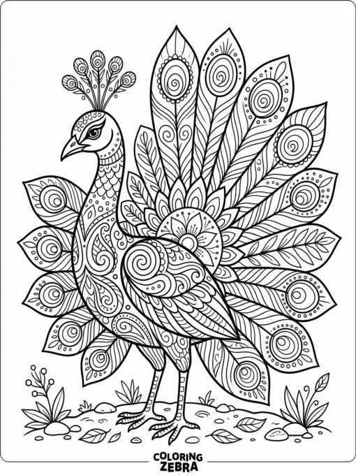 A peacock covered in zentangle swirls and dots