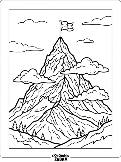 A mountain peak with clouds and a flag