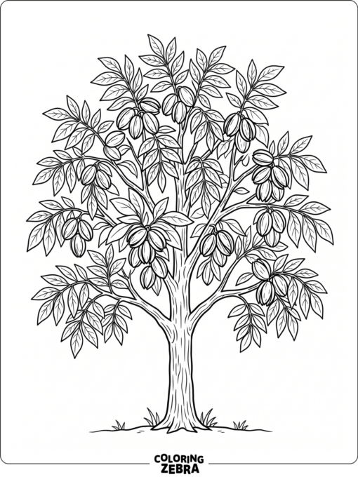 A pecan tree with nut clusters and broad leaves