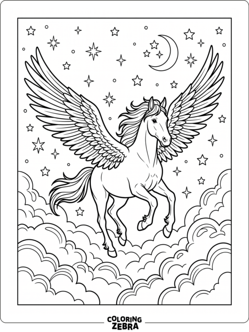 A winged horse soaring over clouds with open wings
