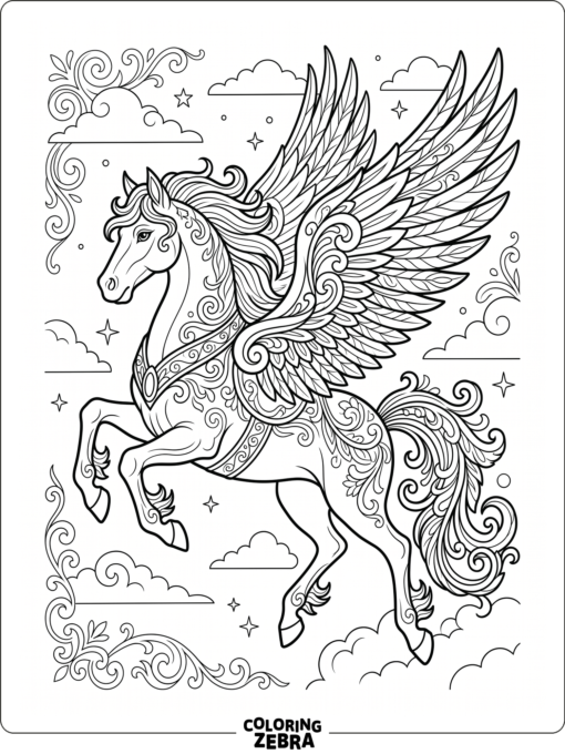 An ornate winged horse with decorative swirls