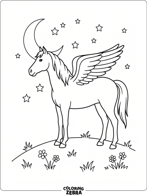 A winged horse standing on a hill under a moon