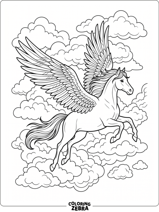 A winged horse flying through fluffy clouds