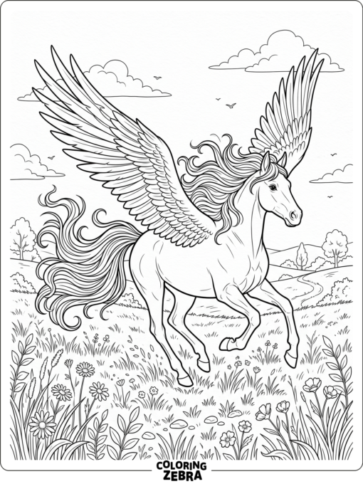 A pegasus galloping through a meadow