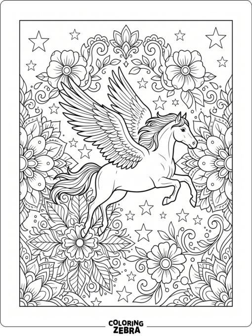 A pegasus framed by mandala flowers and stars