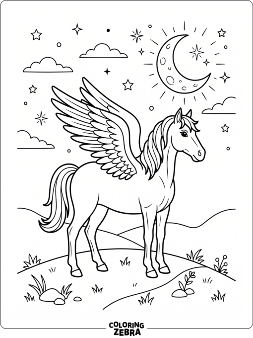 A winged horse under moonlight with stars above