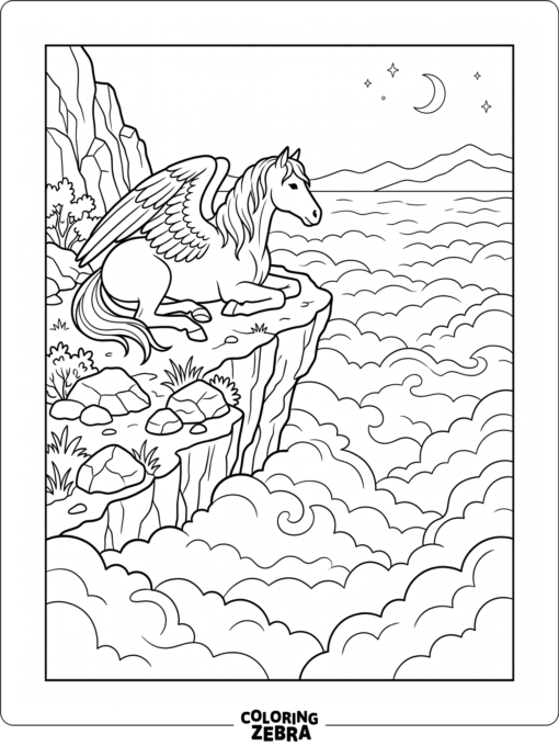 A pegasus perched on a cliff edge