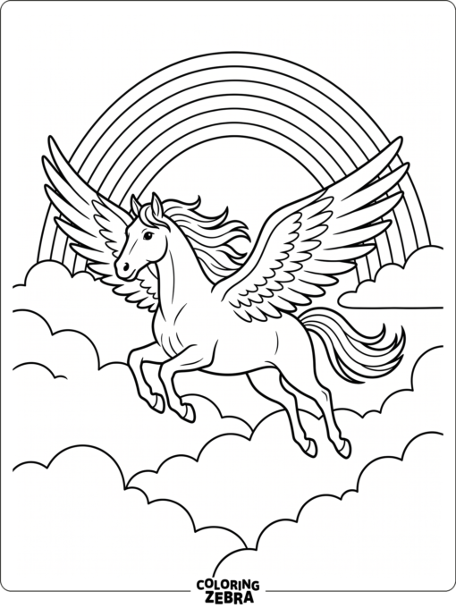 A pegasus flying under a rainbow sky