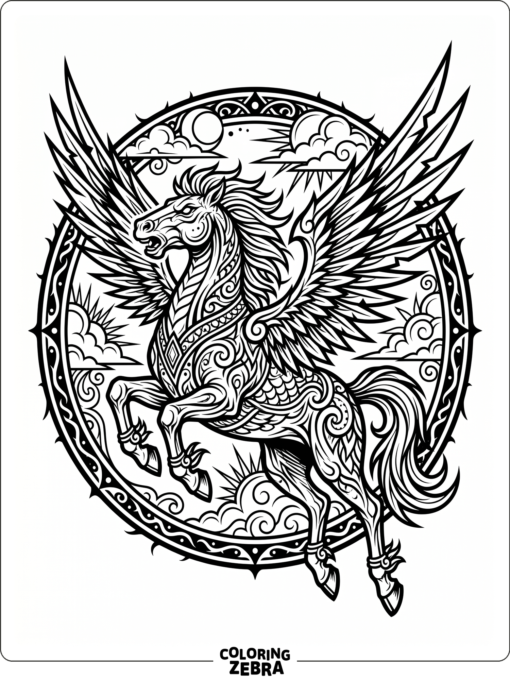 A tattoo style pegasus with bold wings