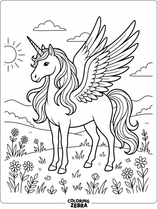A pegasus unicorn with a flowing mane in a meadow