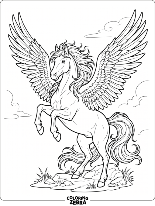 A winged horse rearing with spread wings