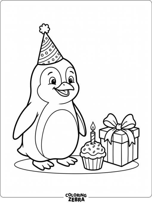 A penguin in a party hat beside a cupcake and gift
