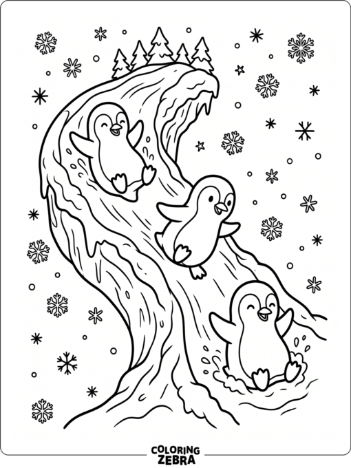 Three penguins sliding down a snowy hill