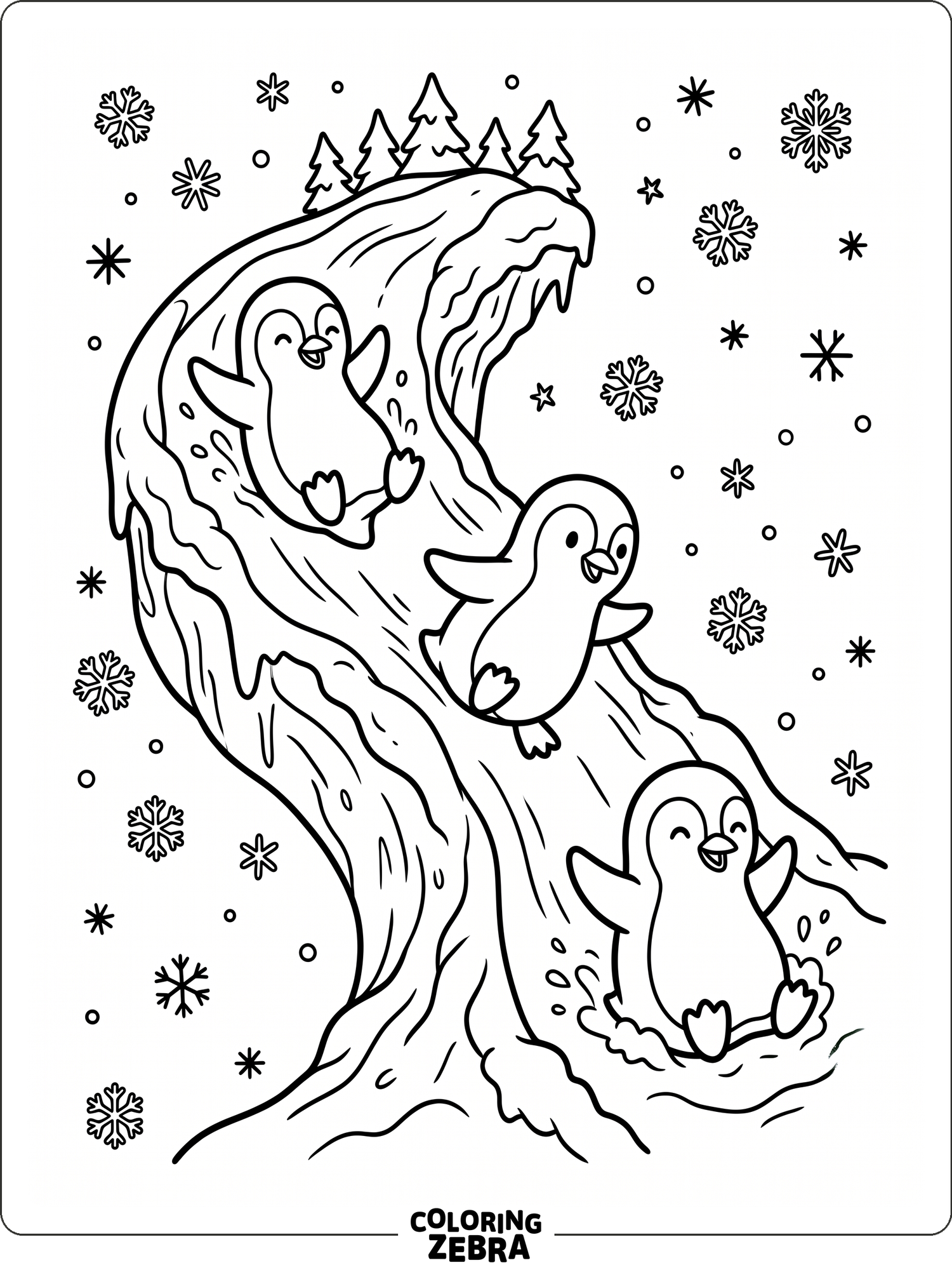 Three penguins sliding down a snowy hill