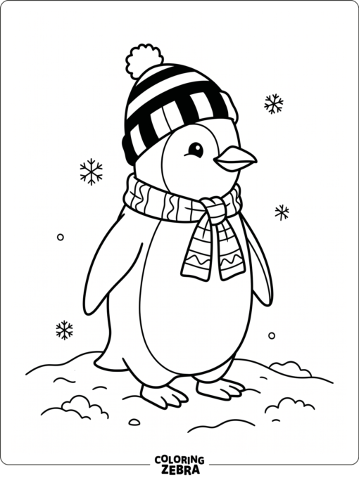 A penguin standing in a scarf and hat
