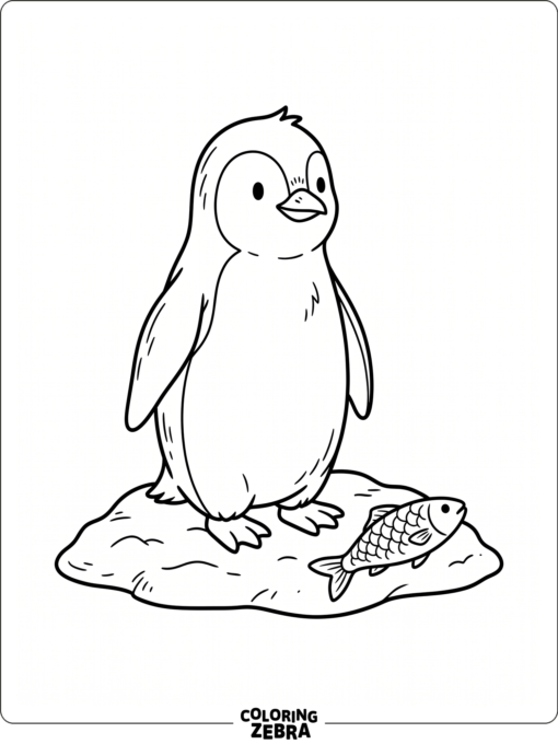 A penguin standing beside a small fish