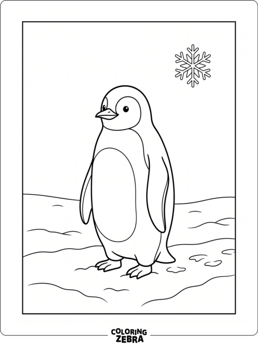 A penguin standing in snow with one snowflake