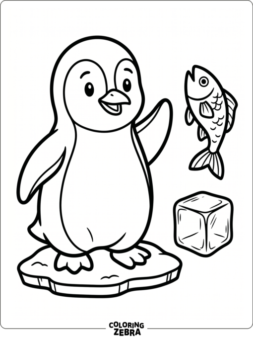 A penguin outline with a fish and ice cube