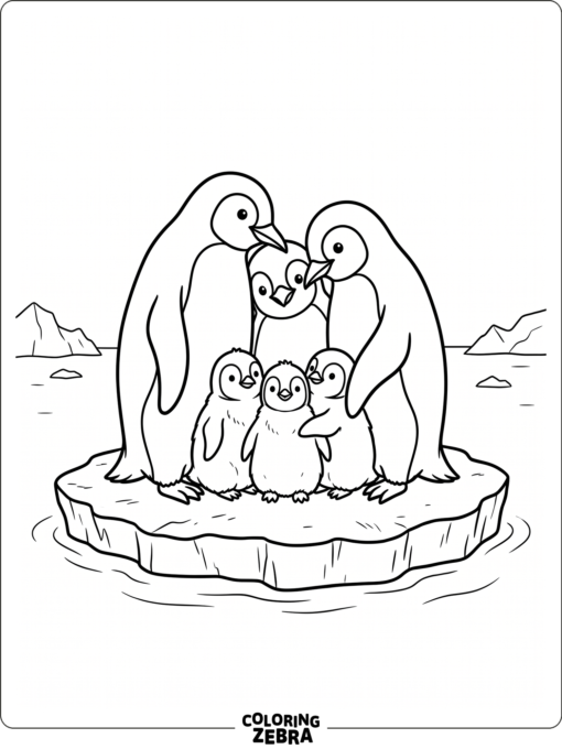 A penguin family huddled on ice