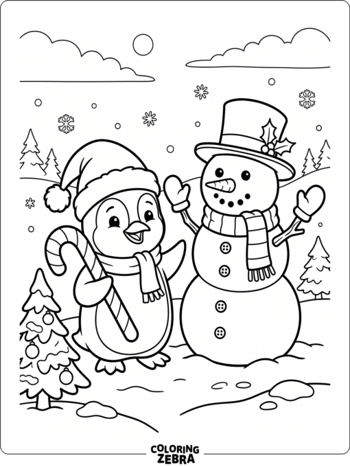 A penguin in a Santa hat with a candy cane