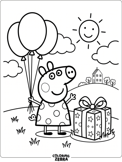 A pig character with balloons and a present