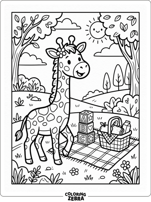 A cartoon giraffe near a picnic blanket and blocks
