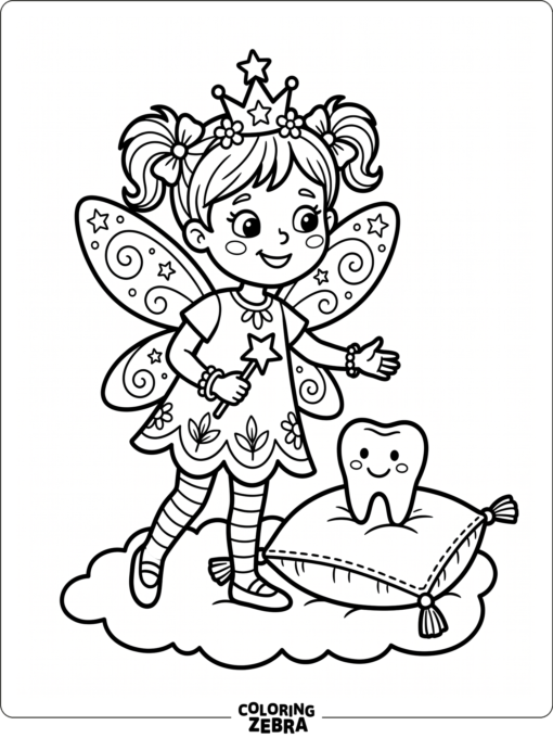 A cartoon fairy character beside a pillow and tooth