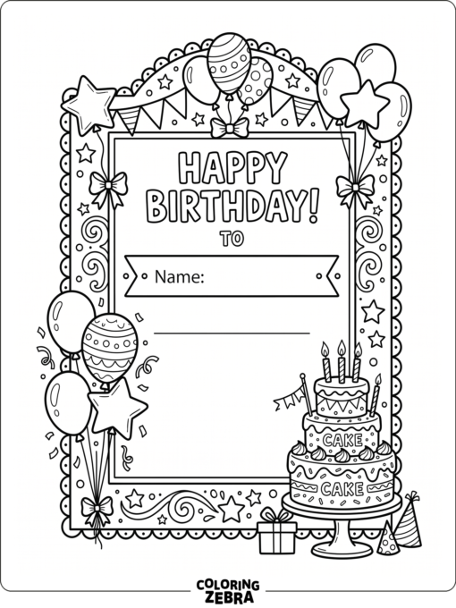 A birthday frame with balloons, cake, and name space