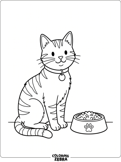 A pet cat sitting by a bowl