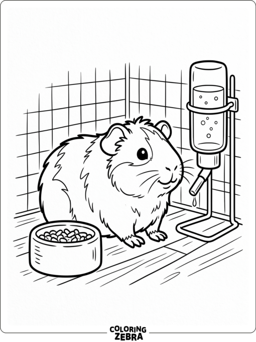 A pet guinea pig beside a water bottle and dish