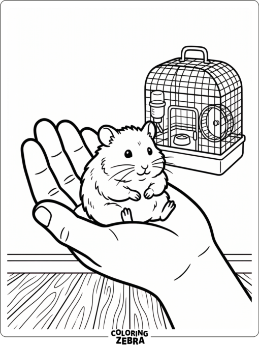 A pet hamster resting in a hand near a small cage