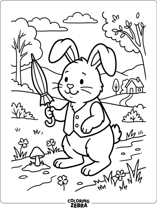 A storybook rabbit in a vest holding an umbrella