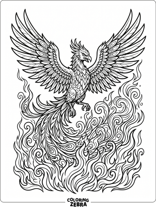 A phoenix rises from flames with wide wings
