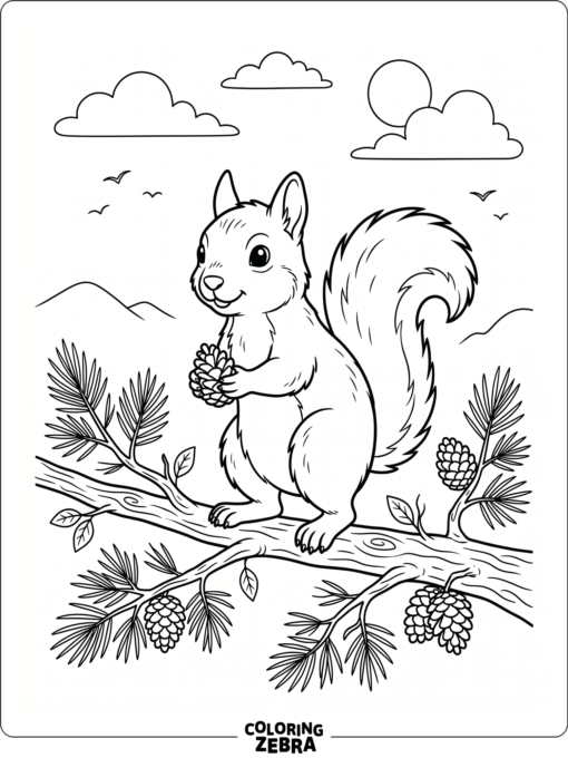 A squirrel on a branch with a pinecone