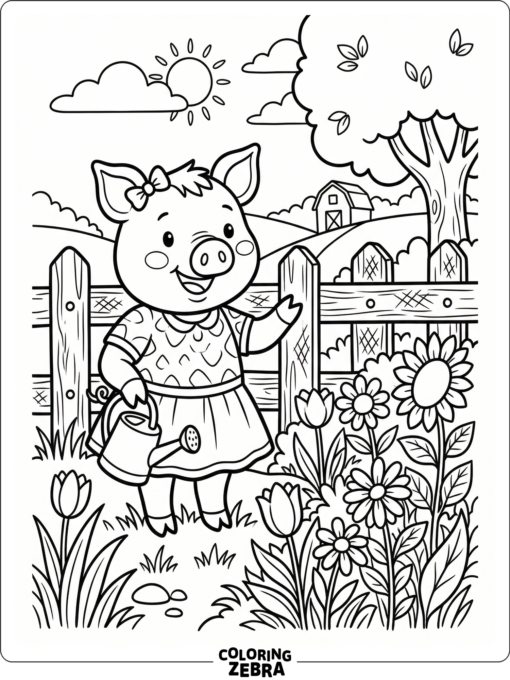 A cartoon pig in a dress near flowers and a fence