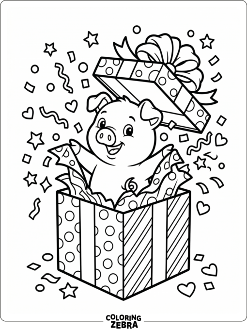 A pig popping out of a gift box