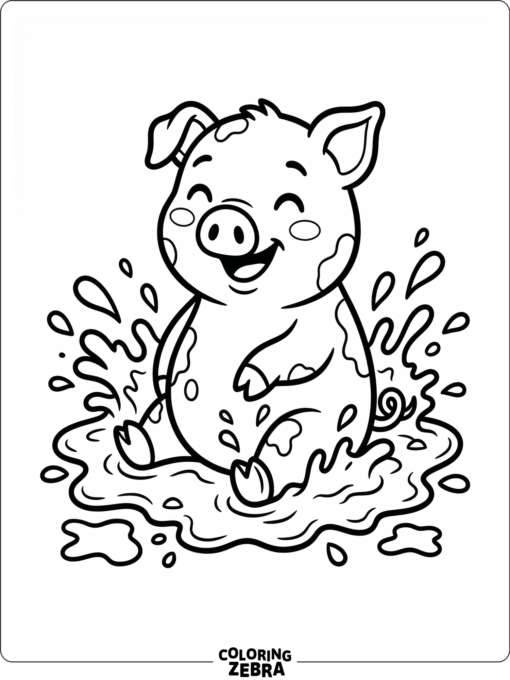 A happy pig sitting in mud with splashes