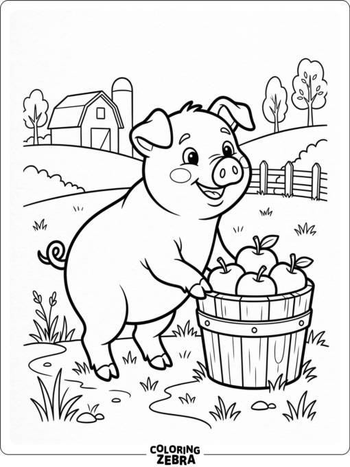 A cartoon pig beside a bucket of apples