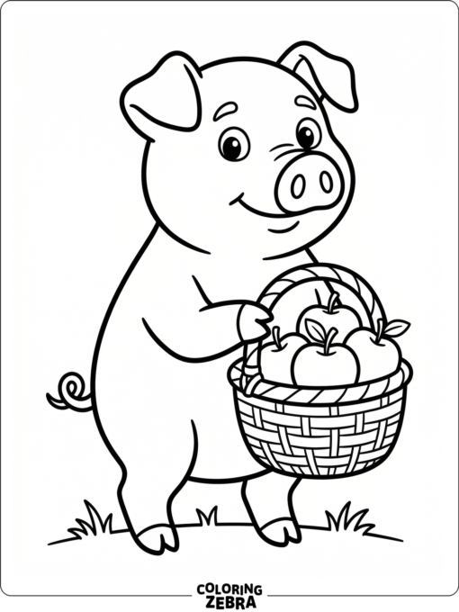 A simple pig standing beside a basket of apples