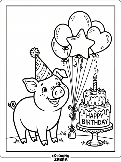 A pig in a party hat next to balloons and cake